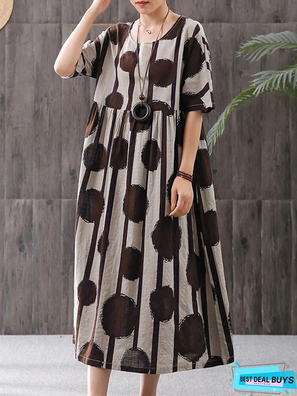 Dot Print Round Neck Pullover Short Sleeve Large Loose Casual Medium Length Dress