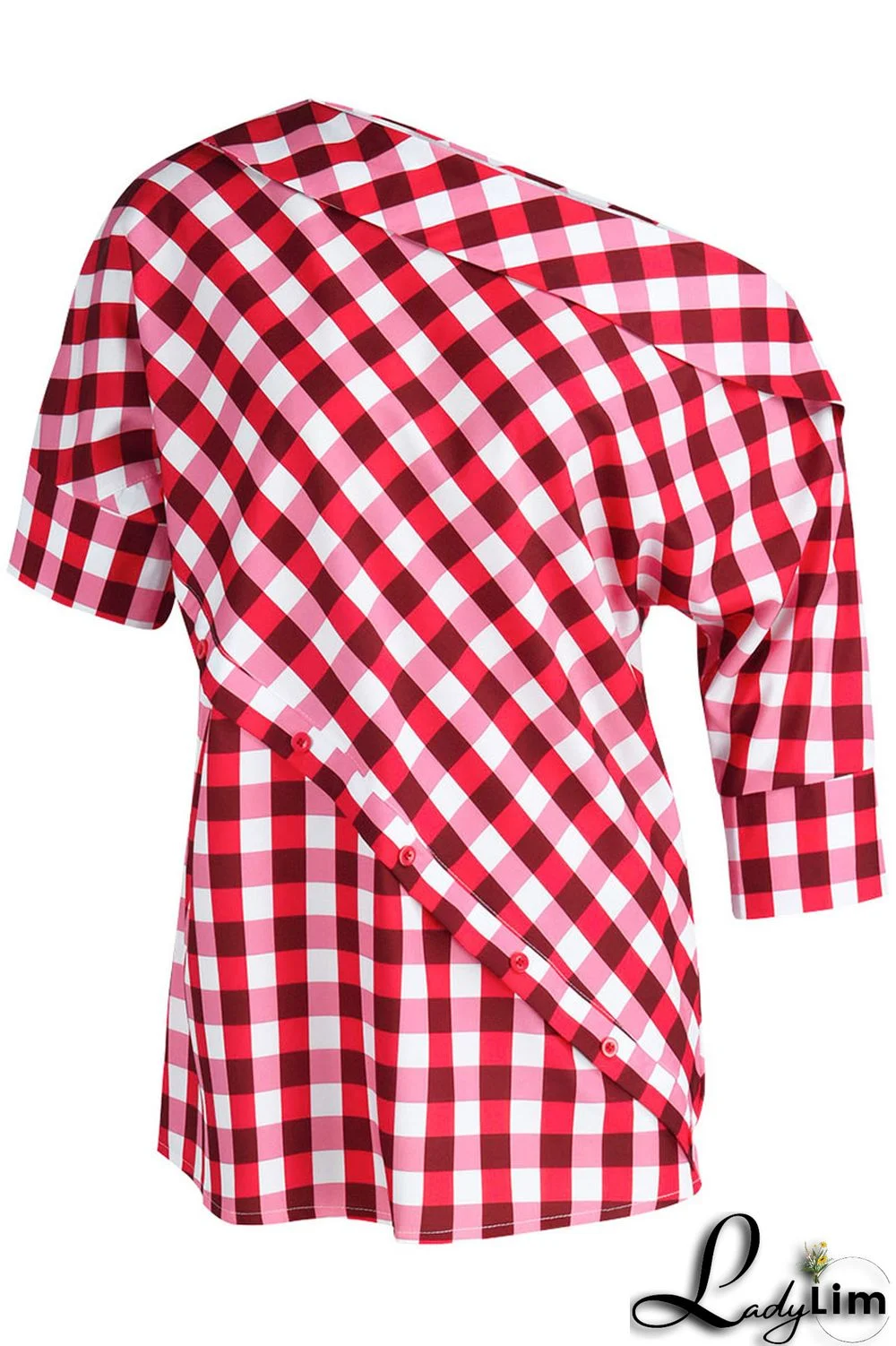 Black Casual Plaid Print Patchwork Asymmetrical Oblique Collar Tops