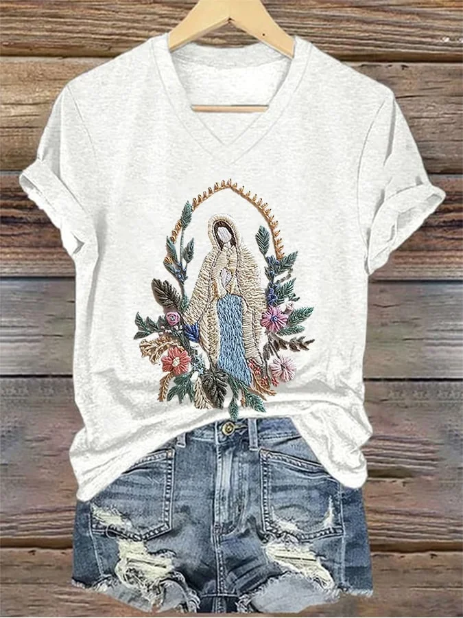Women's Christian Our Lady Floral Printed V-Neck Tee