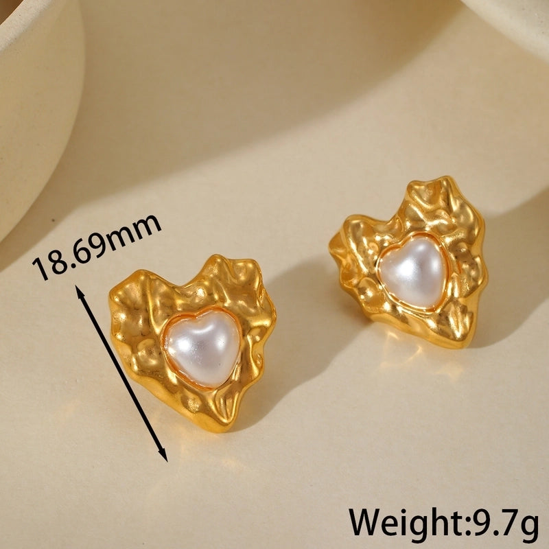 1 Pair Elegant Retro Artistic Irregular Geometric Heart Shape Plating Inlay 304 Stainless Steel Imitation Pearl 18K Gold Plated Ear Studs