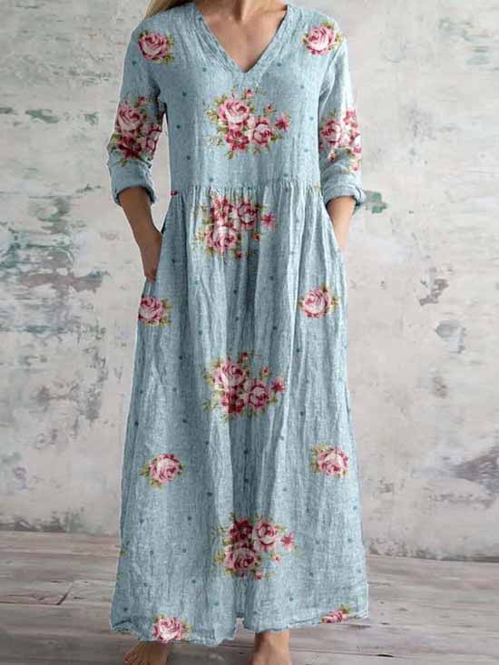 Women's 3/4 Sleeve V-neck Floral Printed Midi Dress