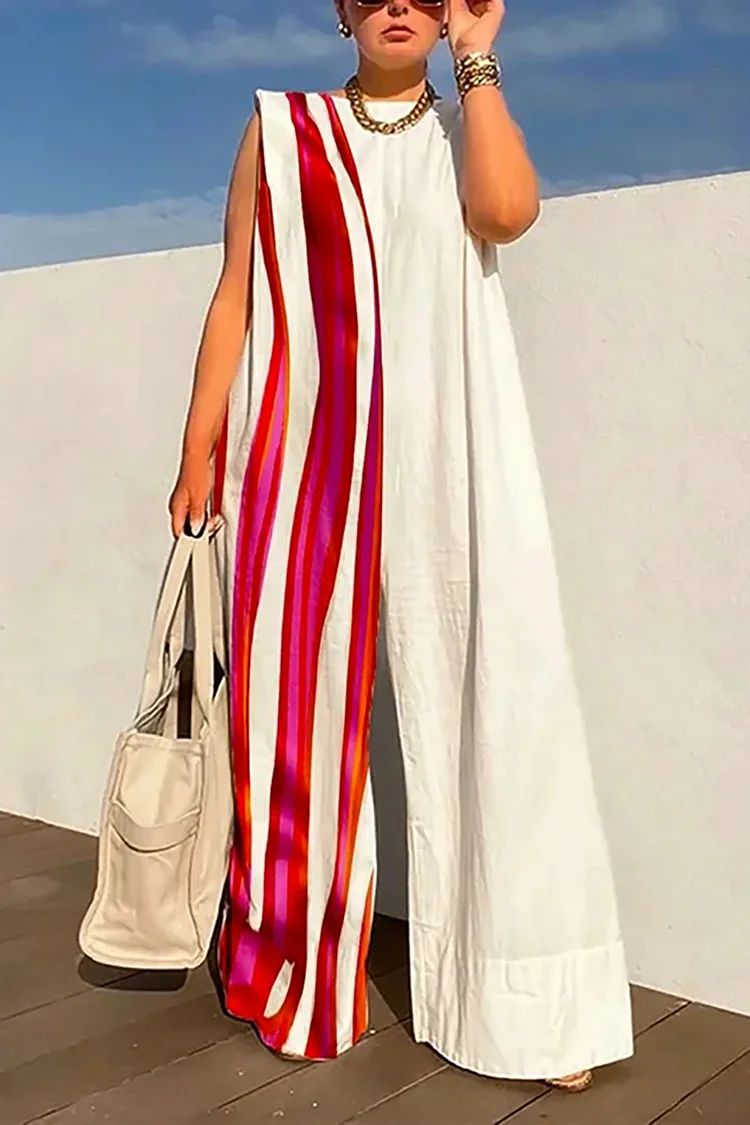 Plus Size White Daily Stripe Colorblock Sleeveless Jumpsuits 