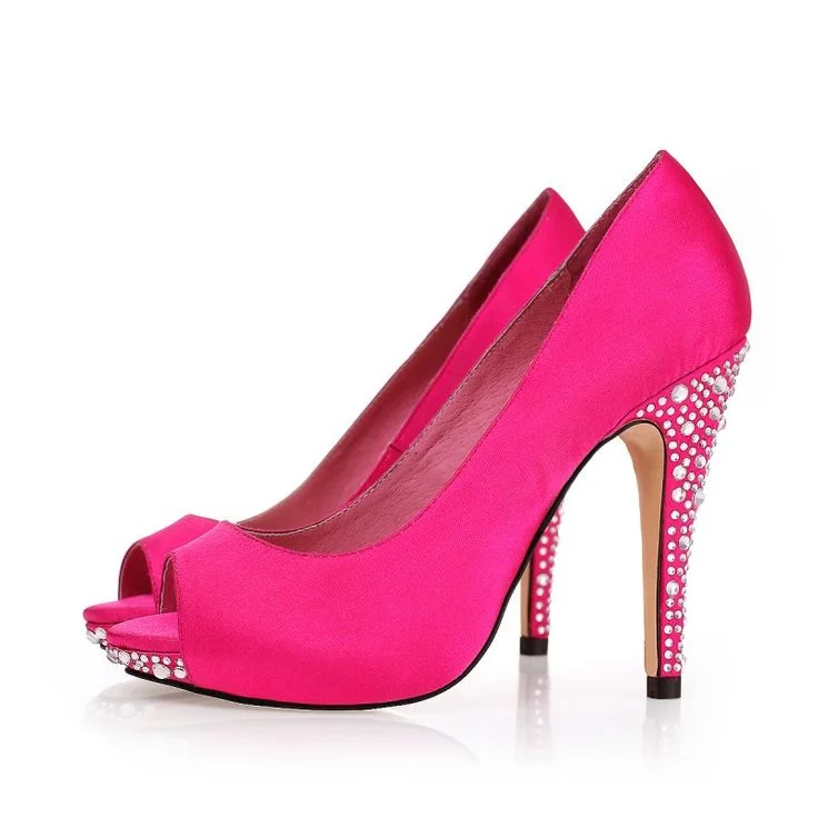 Fuchsia Satin Bridal Heels Rhinestone Peep Toe Platform Pumps |FSJ Shoes