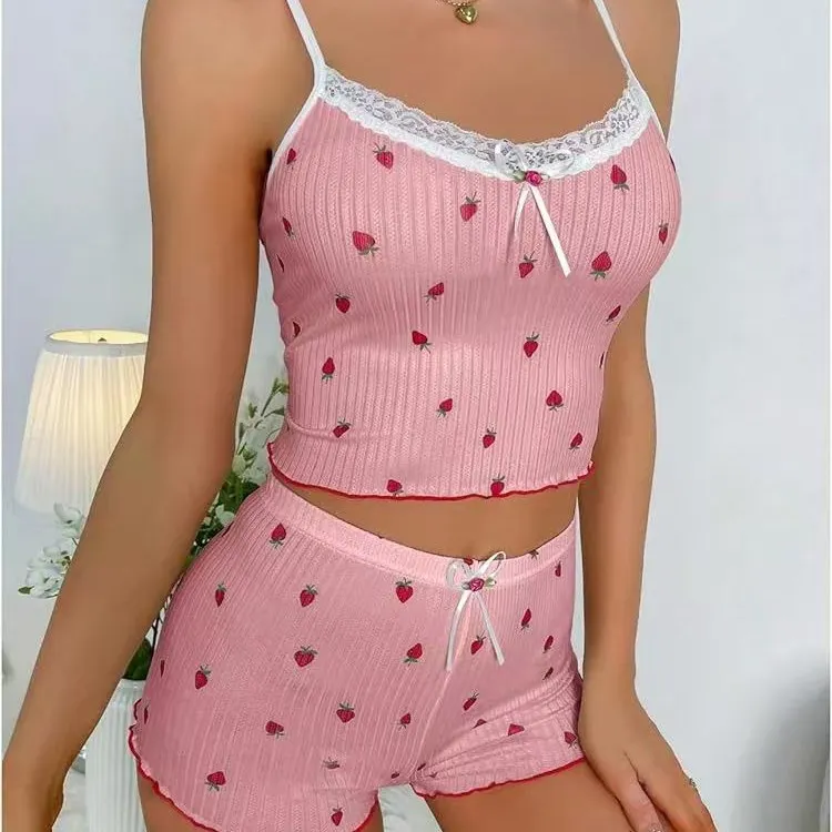 Churchf Summer New Large Print Pit Strip Home Lady Bow Slings Shorts Strawberry Print Two Sets