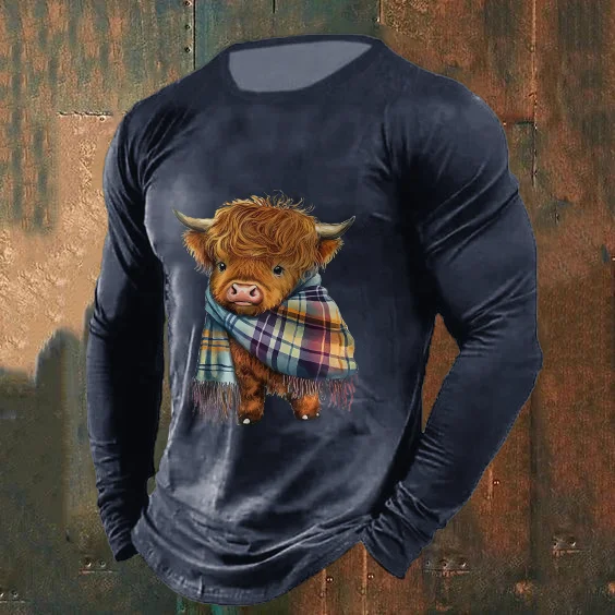 Men's Highland Cow Print Crew Neck Casual T-Shirt