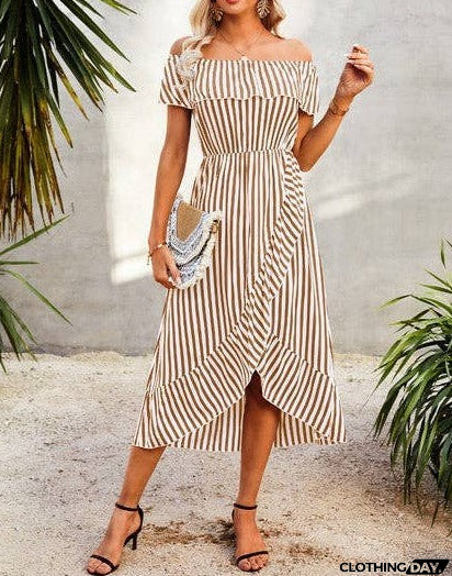Elegant Striped Ruffled Midi Dress