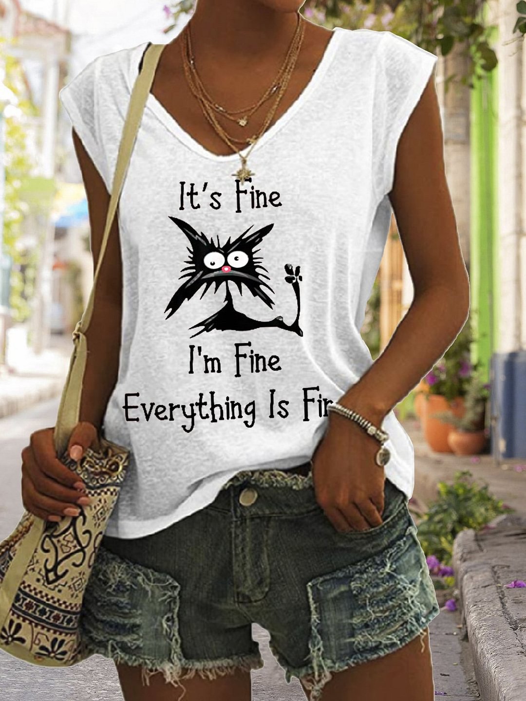 Lilyadress Women's It's Fine I'm Fine Everything Is Fine Funny Cat Print V-Neck Sleeveless Tee