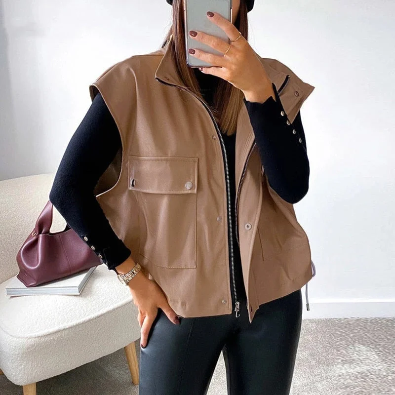 Forefair 2021 Autumn Winter Fashion Faux PU Lether Women Jackets Oversized Streetwear Big Pocket Female Casual Cardigan Coat