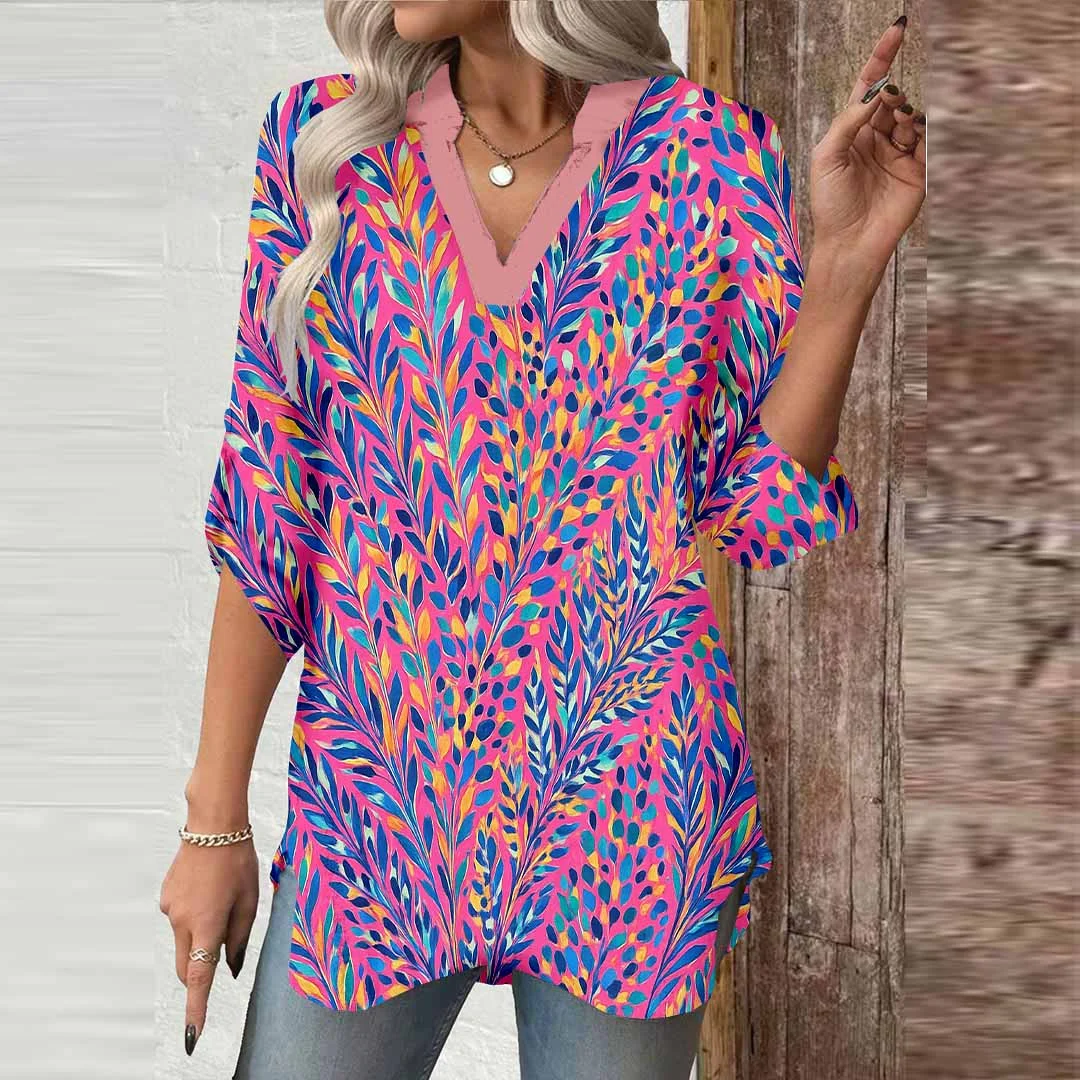 Women Colorful,  Red,  Art DZGA0429 3/4 Sleeve V-neck Printed Graphic Button Tops