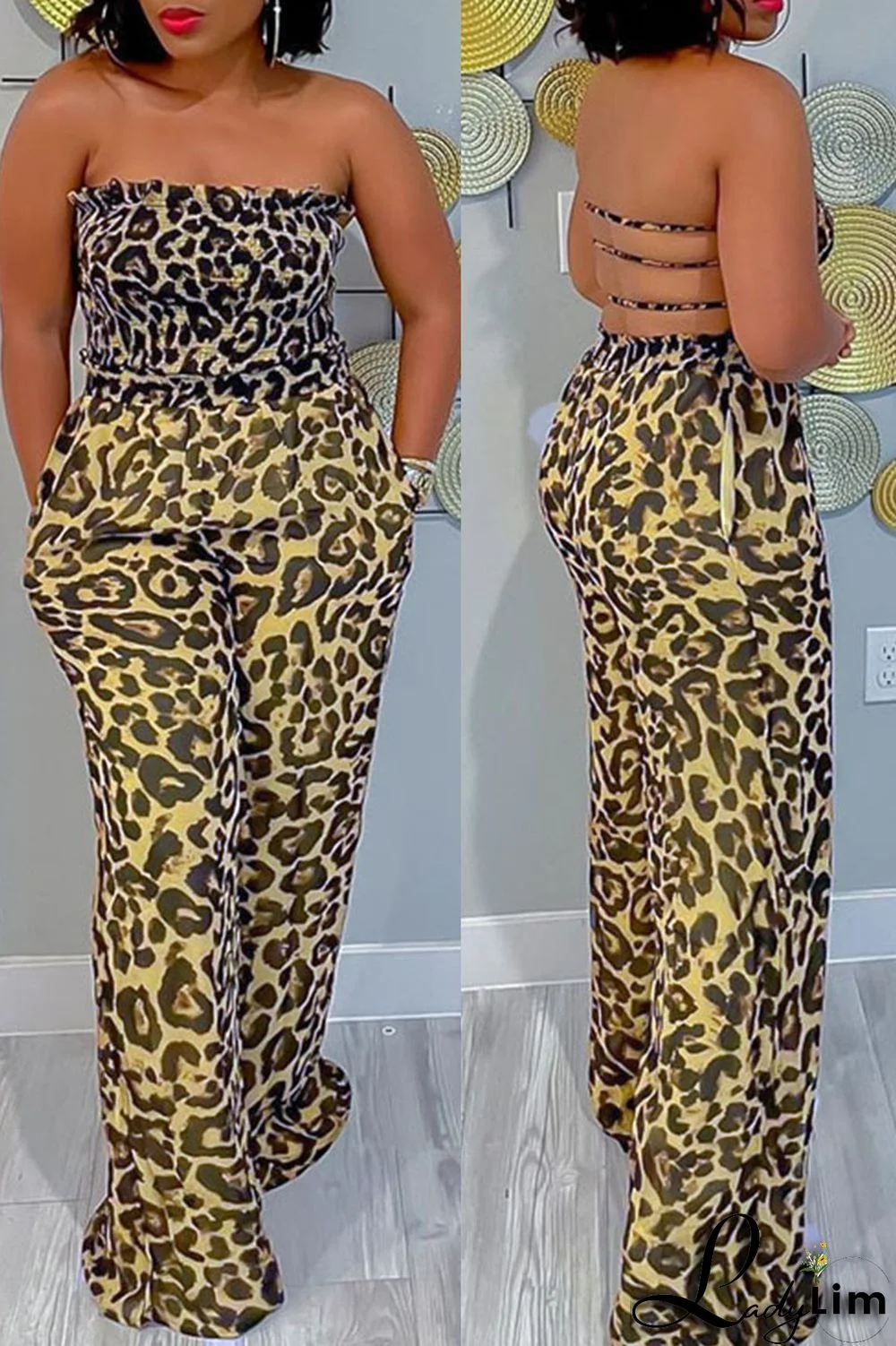 Leopard Print Sexy Print Leopard Patchwork Backless Strapless Straight Jumpsuits