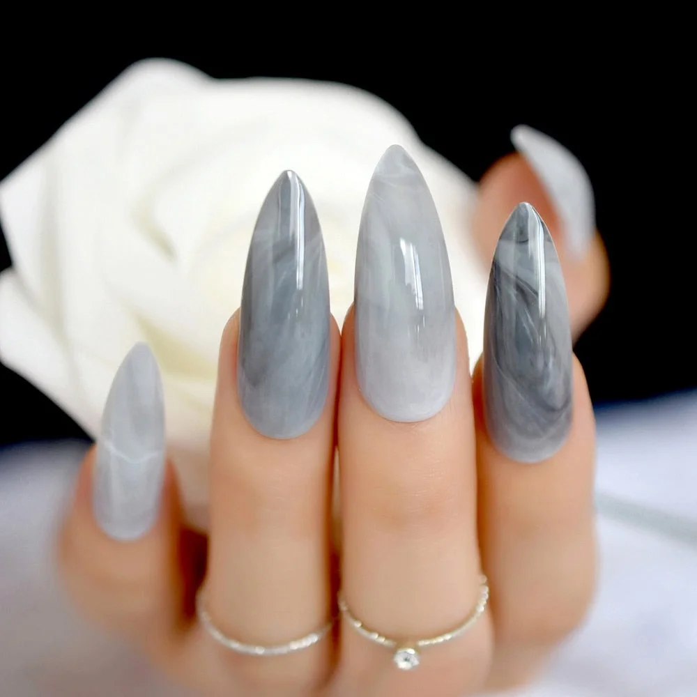 Extra long Stiletto Grey Marble Fake Nails Stone Pattern Pointed Dark Shiny Long Press On False Nails for Finger 24 Count-Nail Inspo