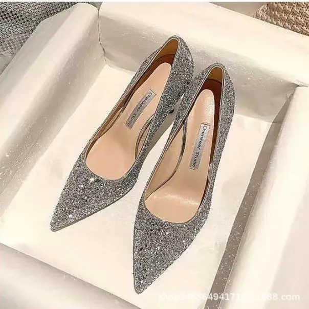 Breakj Breakj Shoes Women 2023 New Autumn Wedding Fine Heel High Heels Crystal Shoes Bridesmaids Bridal Shoes Winter Silver Glide