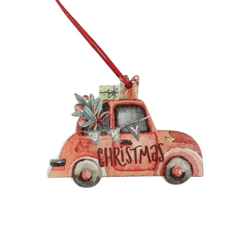 HUADODO 3Pcs Vintage Christmas Truck with tree Ornaments Wooden Christmas decoration for Xmas tree Ornament Party Kids gift