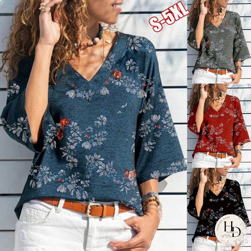 Women Fashion V Neck Autumn Tops Casual Floral Printed Three-quarter Sleeve Shirt Summer Loose T-shirt Spring Blouses