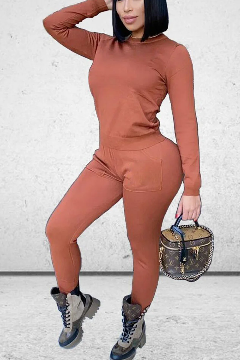 Coffee Daily Solid Split Joint Pocket O Neck Long Sleeve Regular Sleeve Regular Two Pieces