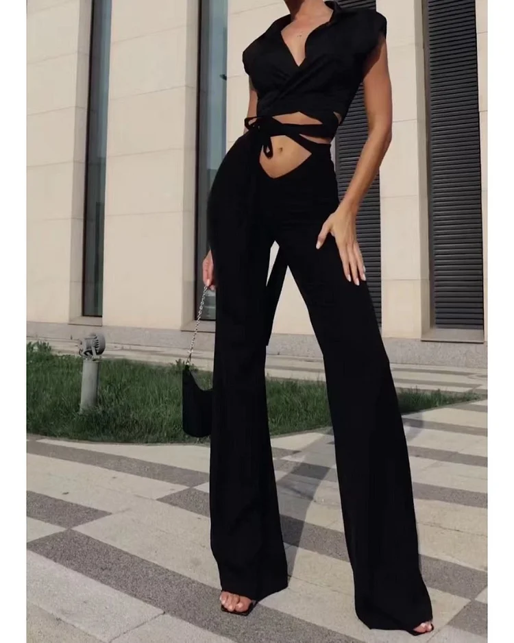 Lapel deep V hollow pants jumpsuit woman