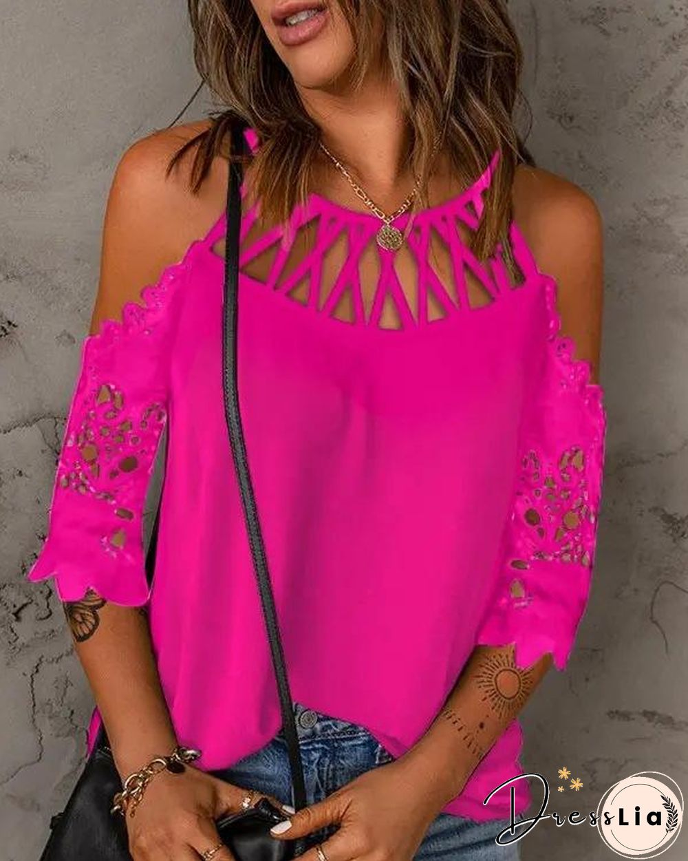 Cut Out Neck Crochet Sleeve Shirt