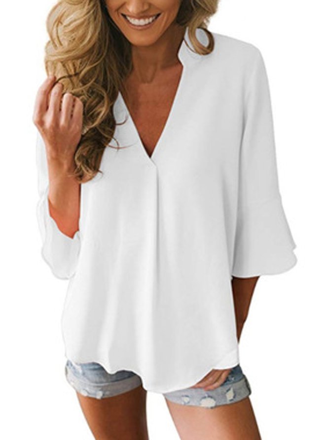 Women Casual V Neck Solid Business Blouse