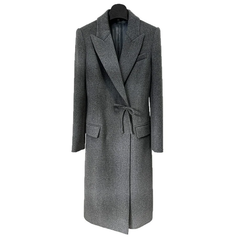 Nigikala Nigikala Autumn And Winter New Star Fashion Repair Bow Long Hair Wool Wool Wool Wool Wool Wool Woolen Coat Gray Coat Coat