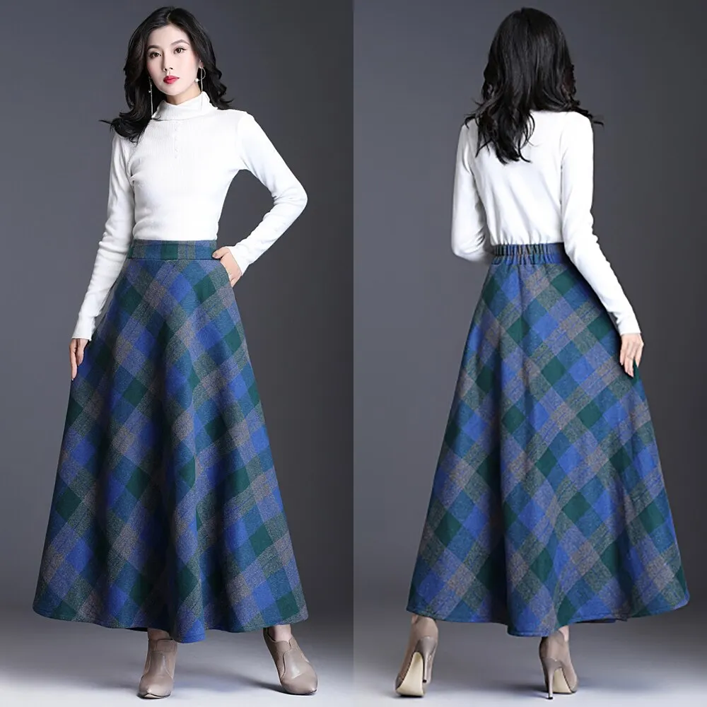 High Waist Woolen Skirts Women Winter 2019 Fashion Streewear Wool Long Pleated Skirt Casual Ladies Saia Longa Plaid Female Skirt