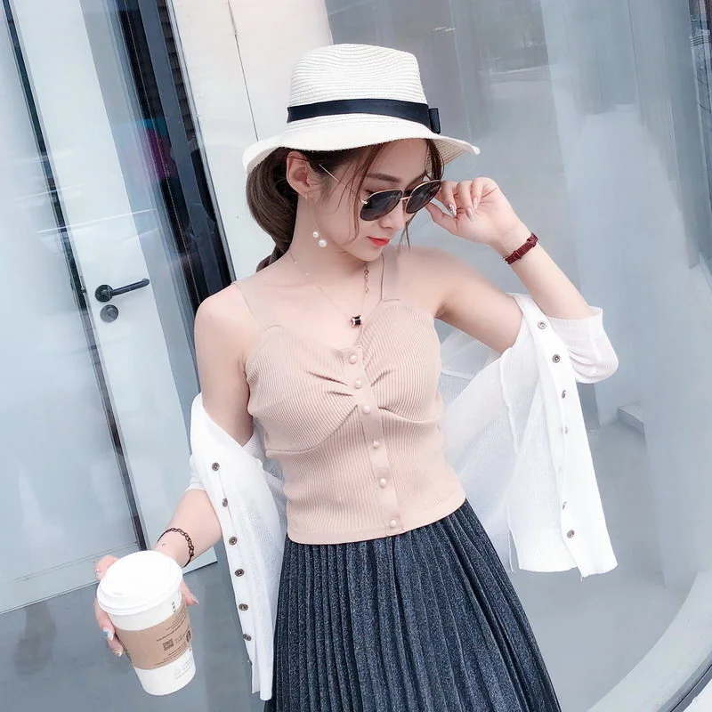 Uveng Uveng Short Sling Vest Female Hong Kong Flavor Retro Chic Korean Version Of Twisting Buckle Decorative Temperament Match Blouse Korean Tide