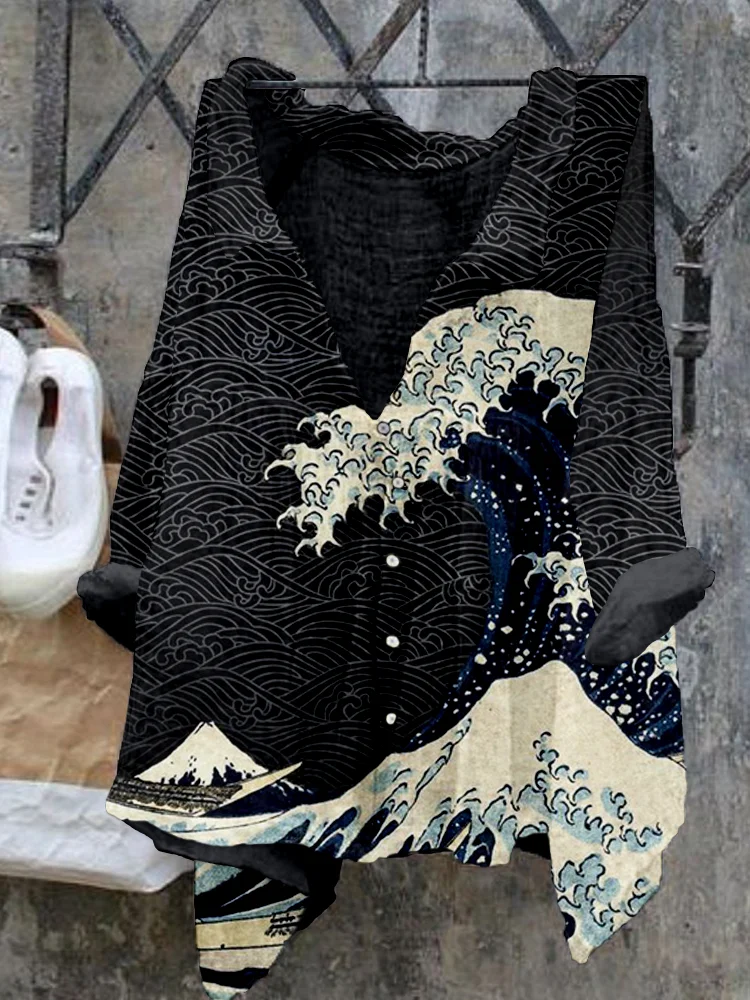 Japanese Wave Inspired Pattern Cozy Flowy Shirt