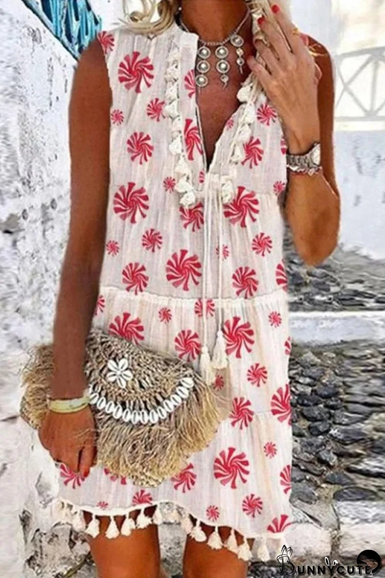 Bohemian Printed Sleeveless Tassel Dress