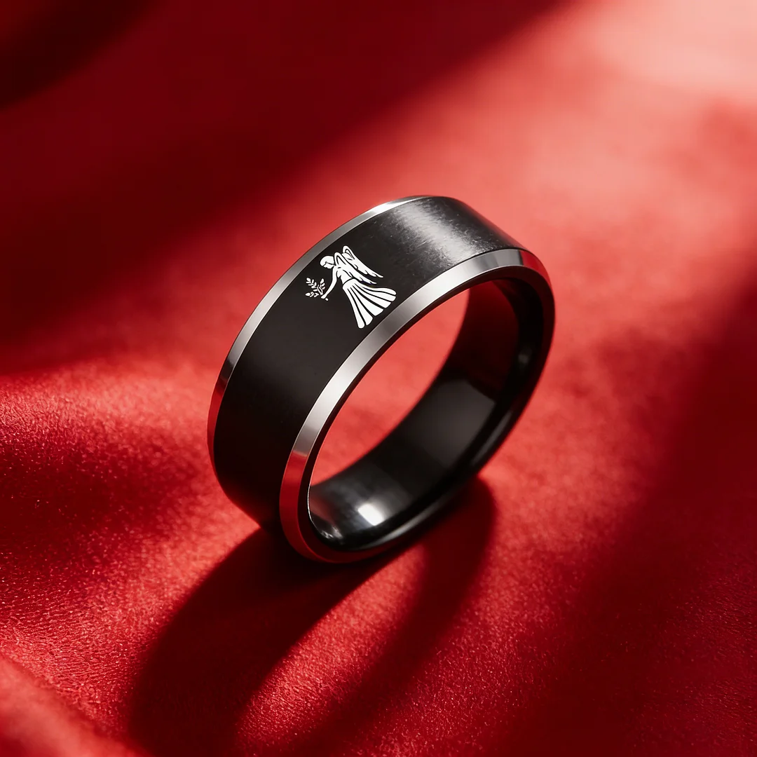 Beveled Edges Black Laser Etched Tungsten Carbide Rings Black Virgo Couple Wedding Bands 4MM 6MM 8MM