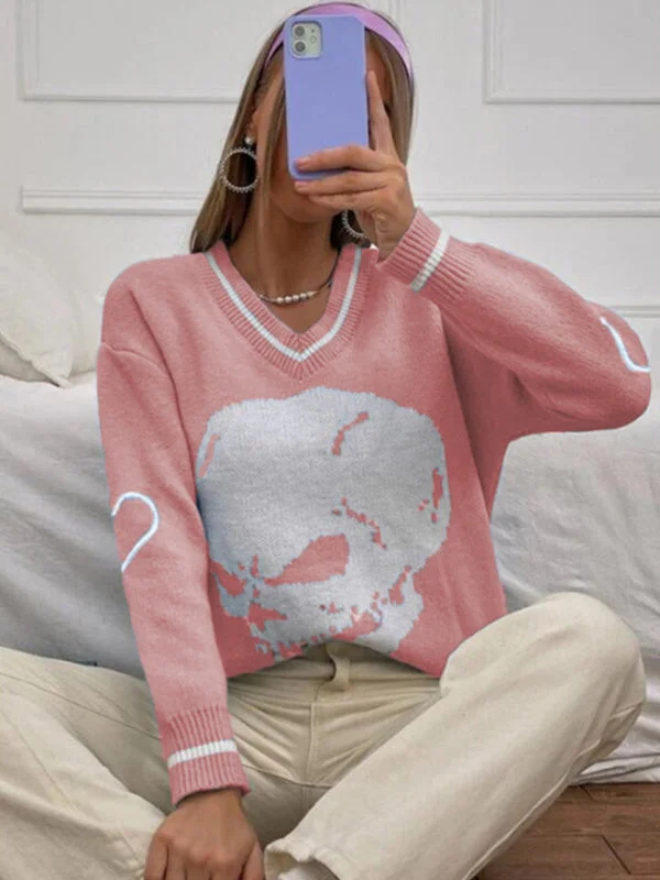 Women's V-Neck Long Sleeve Graphic Top Knit Sweater