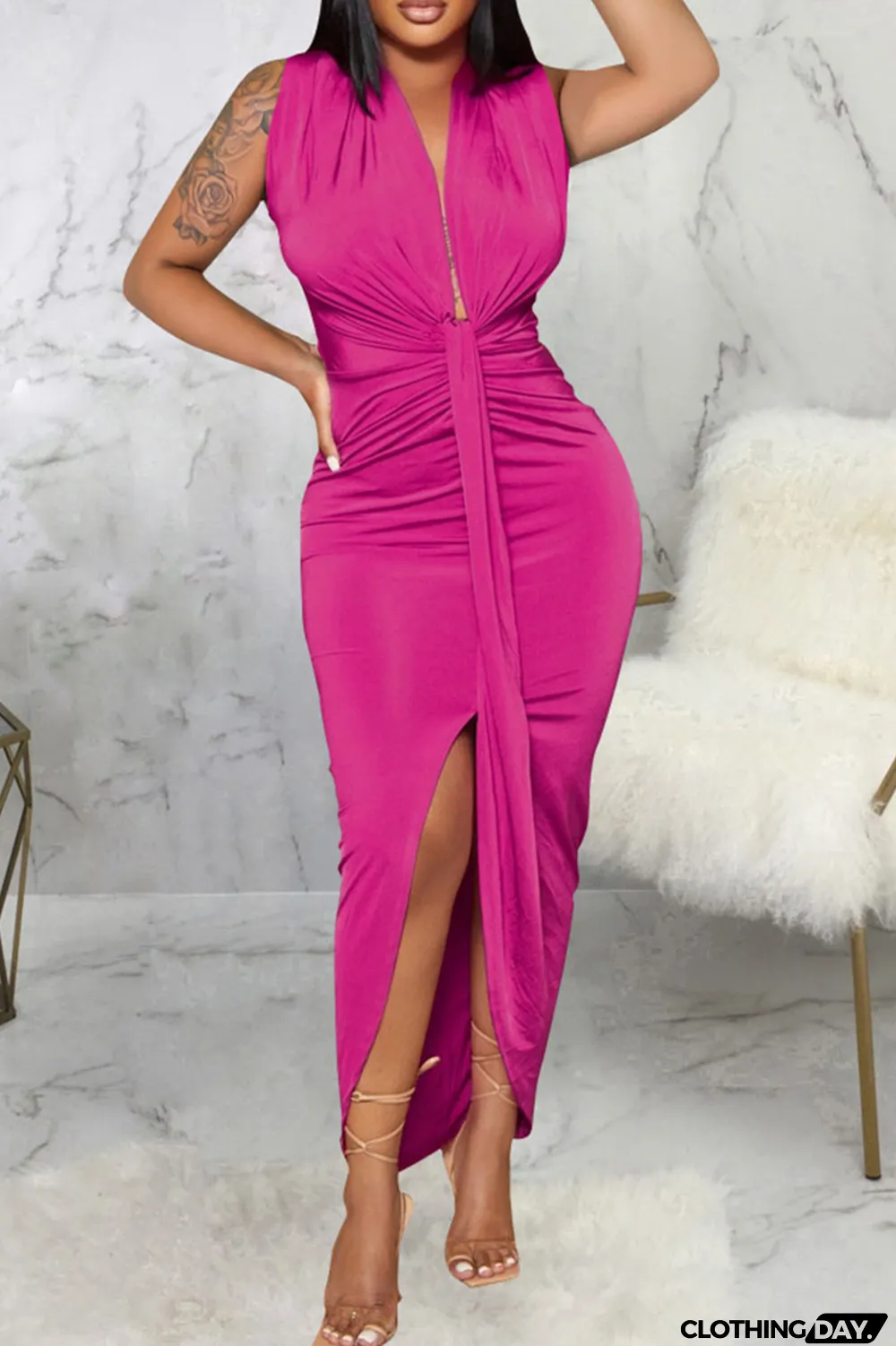 Black Sexy Solid Patchwork Asymmetrical V Neck Irregular Dress Dresses