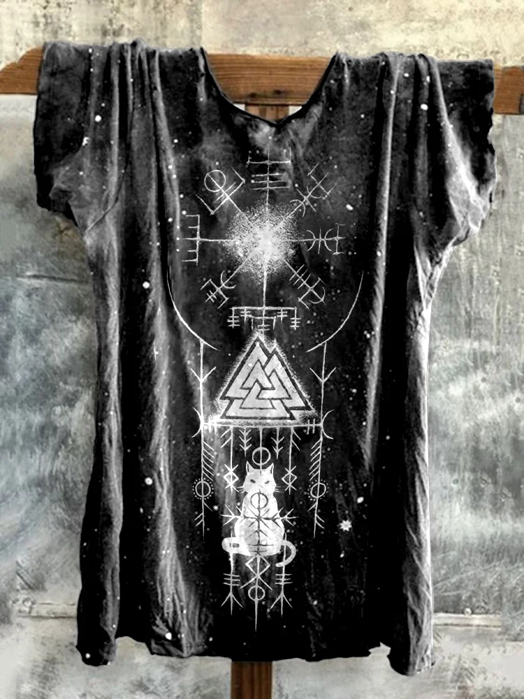 Retro Viking Kitty Totem Print Stone Washed T-Shirt