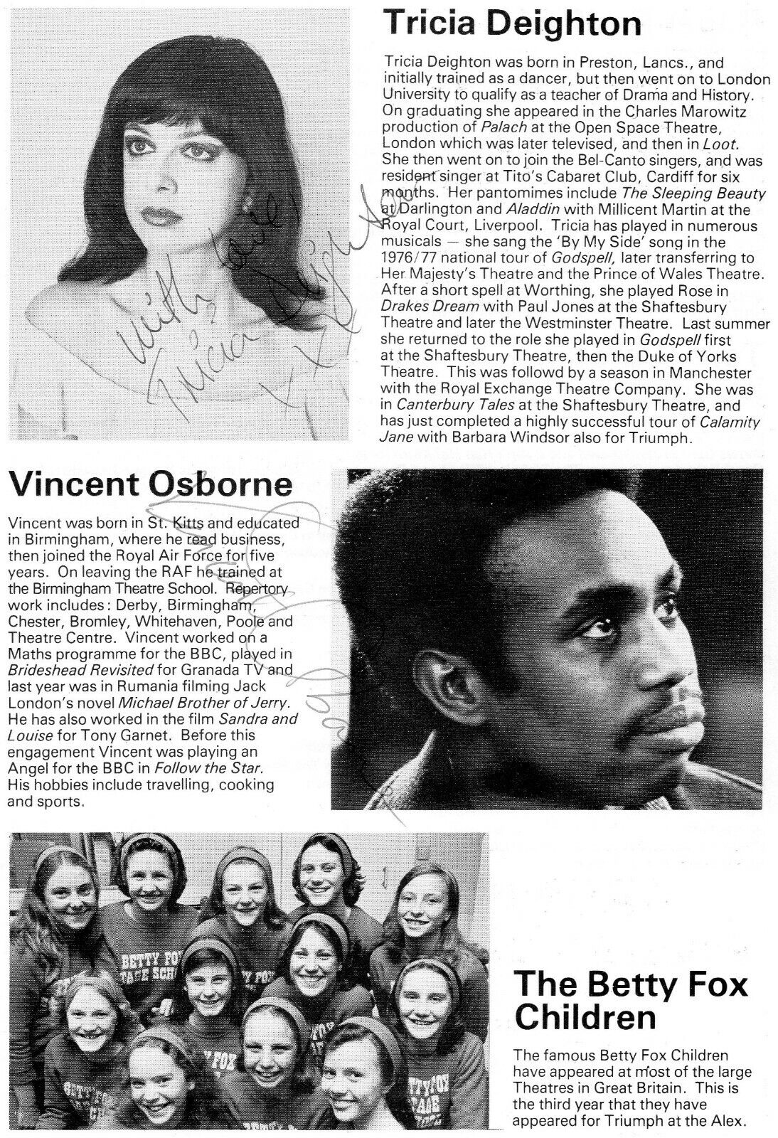 TRICIA DEIGHTON & VINCENT OSBORNE AUTOGRAPH, THEATRE PAGE 1970