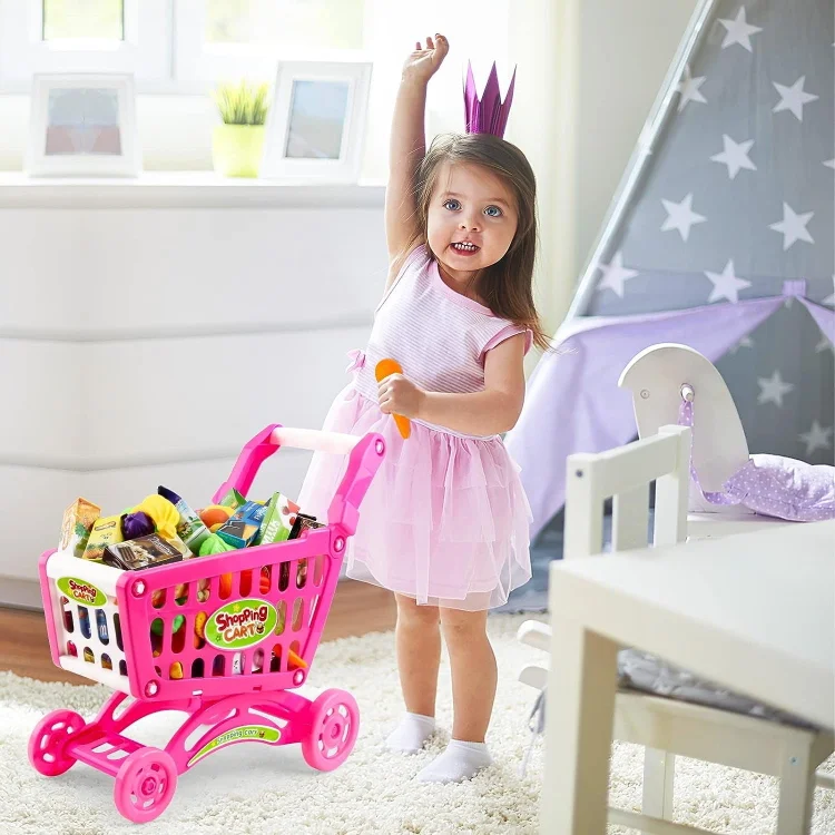 PayUSD Toy Shopping Cart Toddler Shopping Cart, Pretend Grocery Cart with Pretend Play Food Items Realistic Kitchen Accessories Supermarket Pretend Play Shopping Cart For Kids Ages 3+ Doll Size