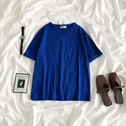 Summer Tee Shirt Solid Color Basic T-Shirt Women Casual O-neck Harajuku Top Korean Hipster Cotton Basic Tshirt