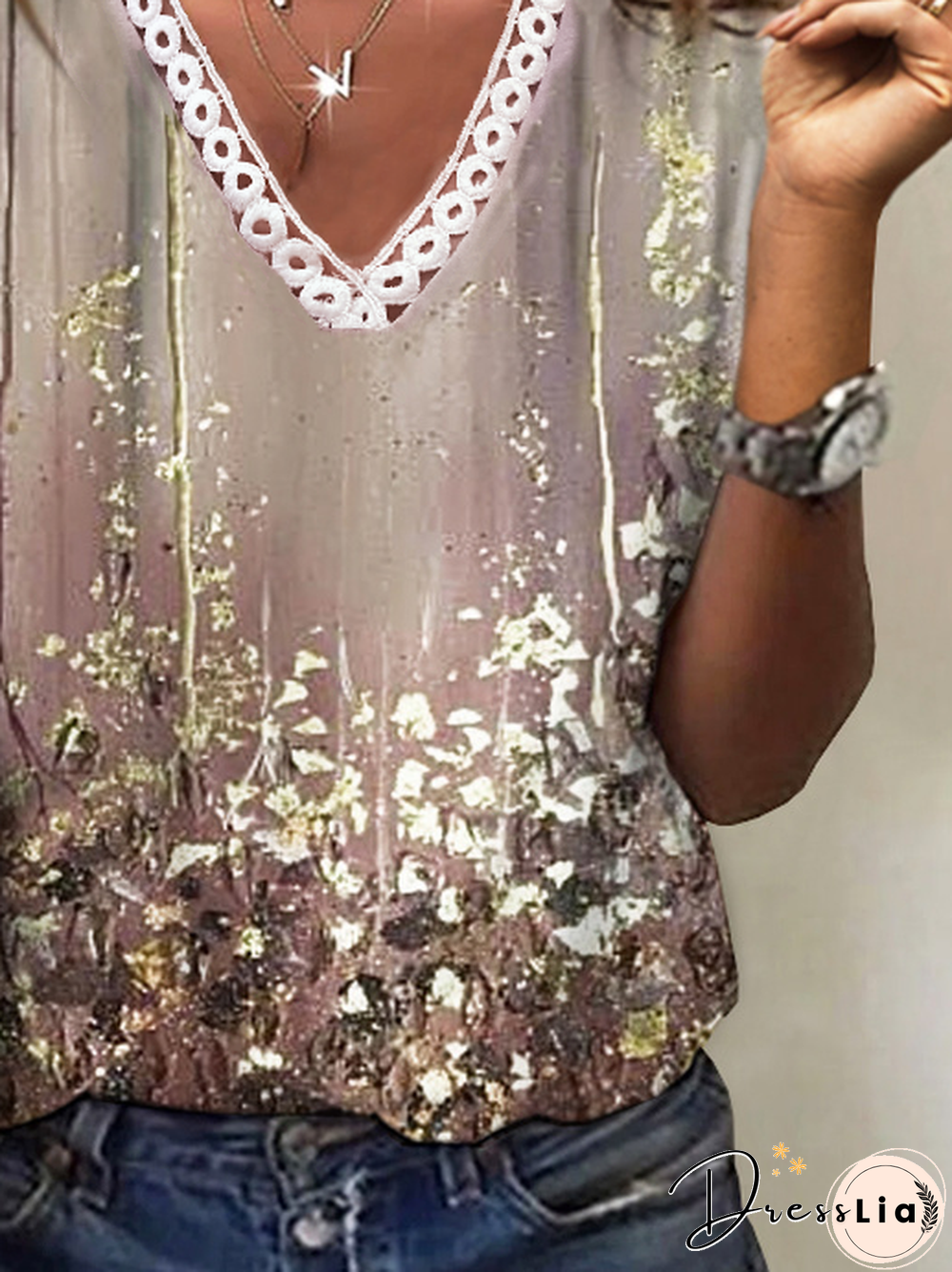 V Neck Floral Printed Jersey T-Shirt