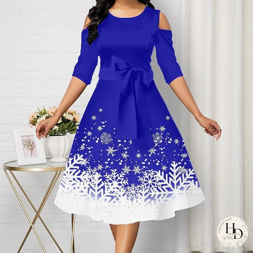 Womens Belted Snowflake Print Cold Shoulder Round-neck Elegant Dress Plus Size Fashion