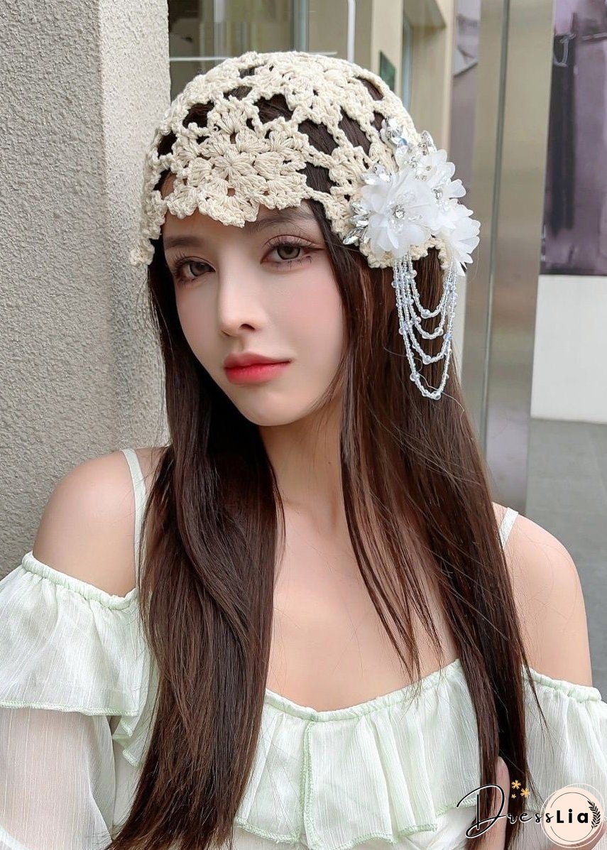 Handmade Beige Embroidery Nail Bead Cotton Knit Bonnie Hat