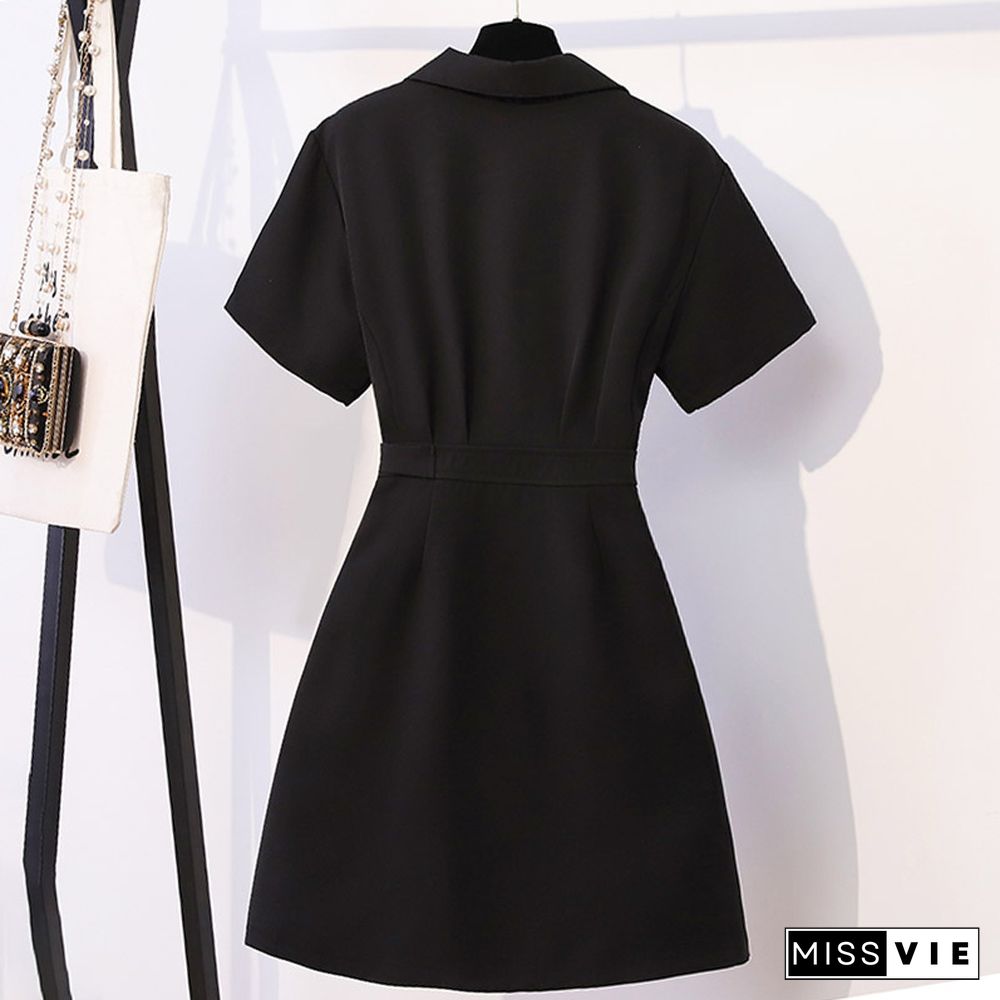 Belted Lapel Lattice Pleated Dress