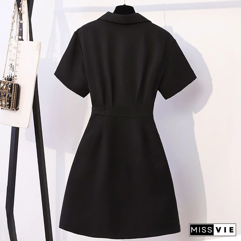 Belted Lapel Lattice Pleated Dress