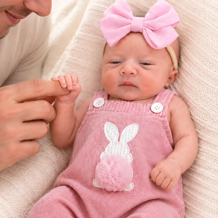[Pre-Order]Babeside Shea 12&rdquo;/16&rdquo; Silicone Reborn Girl Doll &ndash; Hand-Painted Hair, Brown Eyes & Pink Bunny Overalls