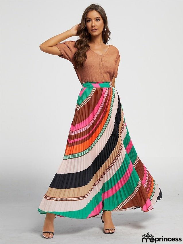 Women's Maxi Rainbow Skirts Print Pleated High Waist Fashion Casual Street Daily Holiday S M L
