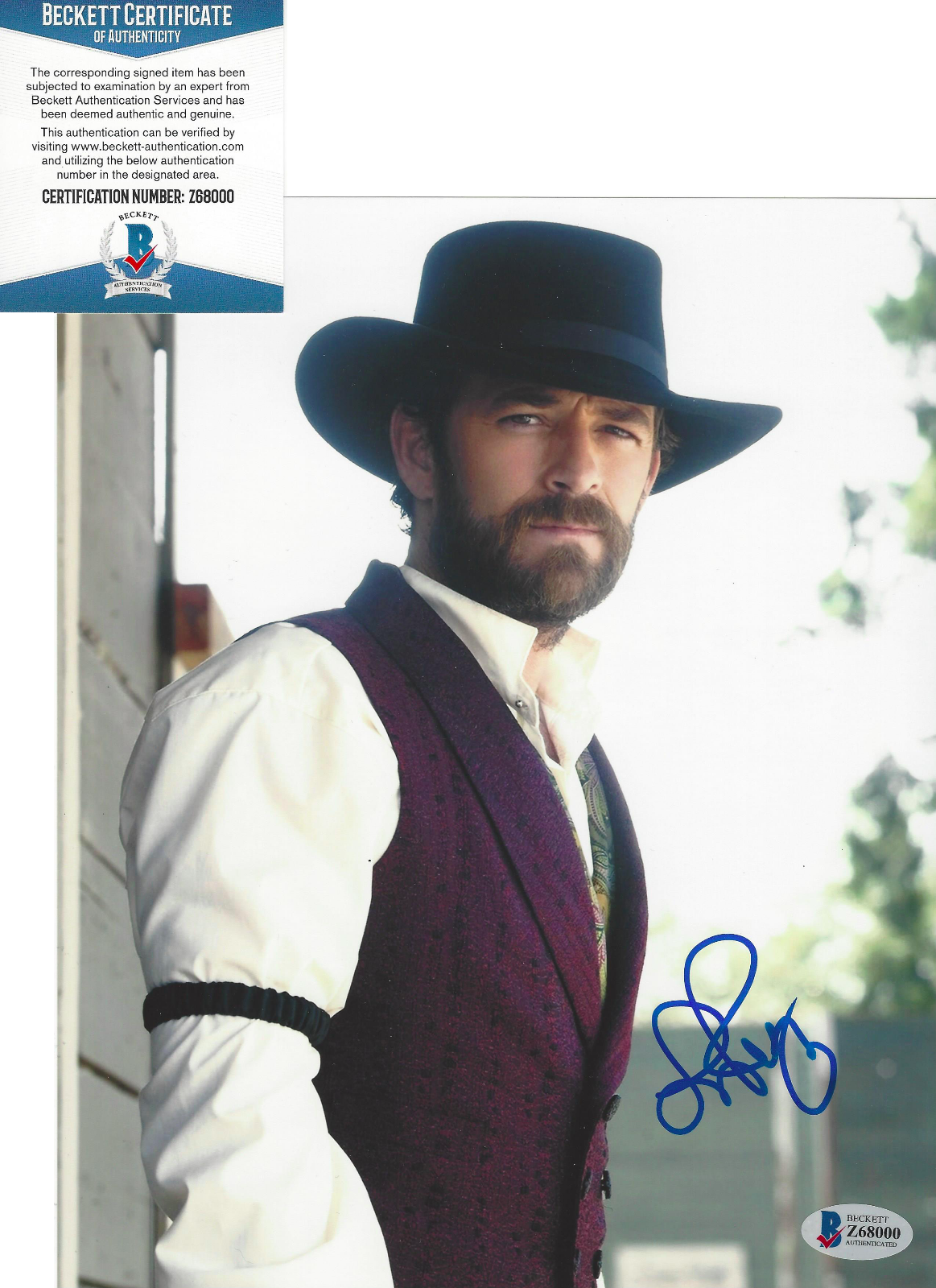 LUKE PERRY SIGNED 'GOODNIGHT FOR JUSTICE' 8x10 Photo Poster painting ACTOR BECKETT COA BAS