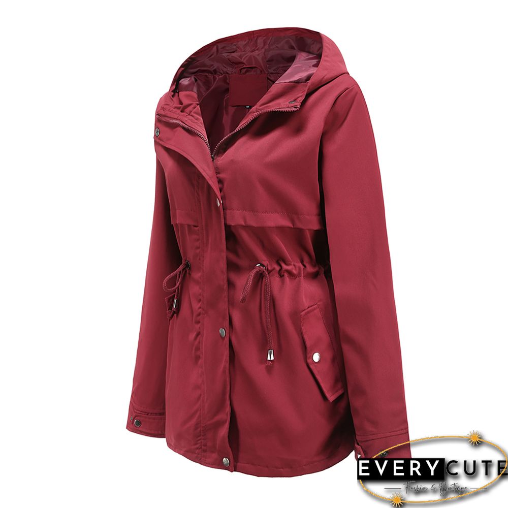 Wine Red Waist Drawstring Hooded Outdoor Rainproof Coat