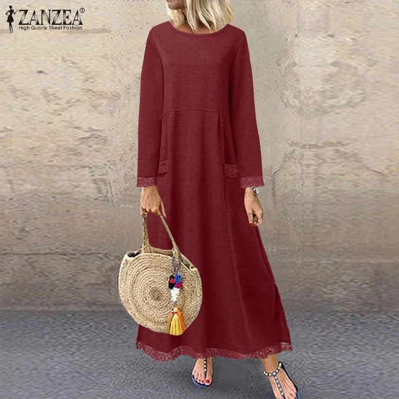 Fashion ZANZEA Women Long Sweatshirt Dress Autumn Long Sleeve Lace Patchwork Sundress Solid Vestido Robe Femme Winter Dresses