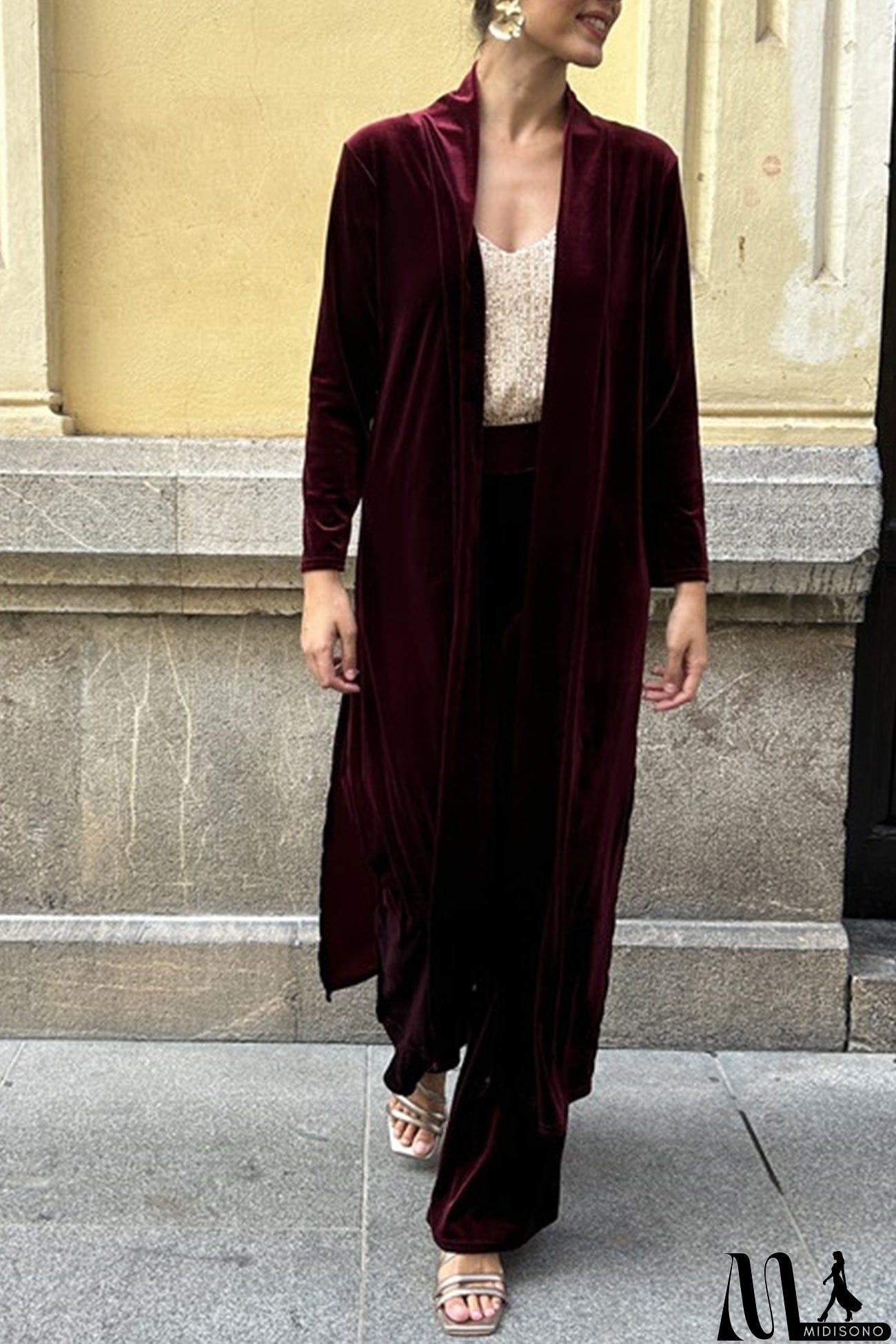 MidiSono - Velvet Slit Long Cardigan Two-piece Pants Suits