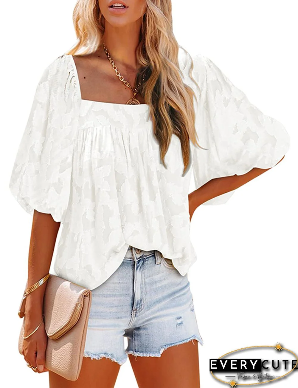 White Square Neck Chiffon Floral Puff sleeve Blouses