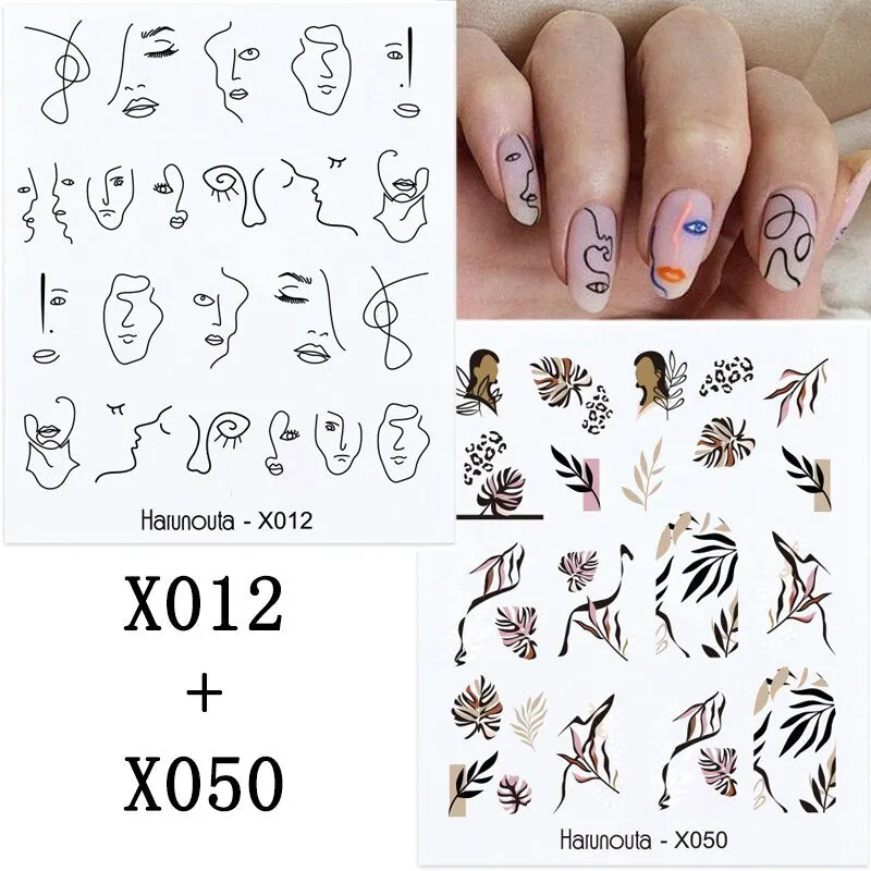 Harunouta Sexy Girl Geometric Lines Nail Water Stickers Set Spring Simple Flower Leaves Decals Sliders DIY Nail Art Decoration