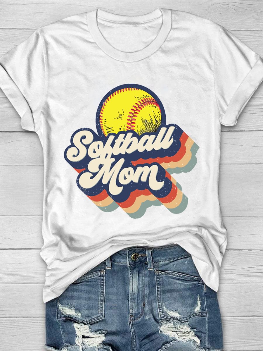 Retro Softball Mom Print Short Sleeve T-Shirt