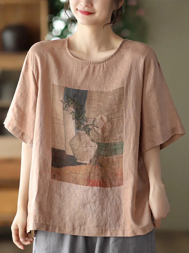Women Summer Casual Draw Print Roomy Shirt