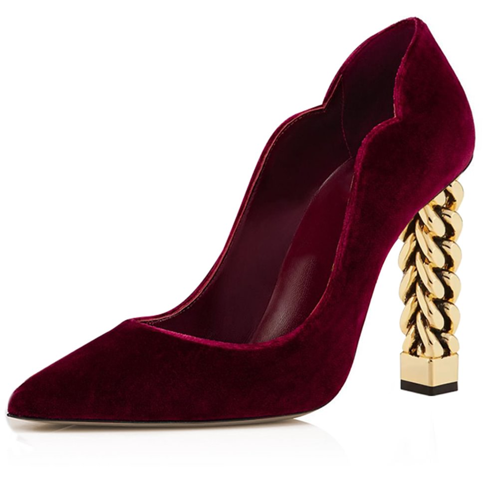 Dark Red Pointed Toe Suede Pumps Women's Classic Decorative Heels Nicepairs